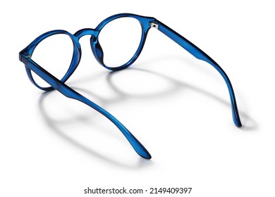 Eyeglasses in blue bright color in transparent plastic. Eyewear rear view with shadow. Trendy glasses isolated on white background. Fashion spectacles for man and woman - Powered by Shutterstock