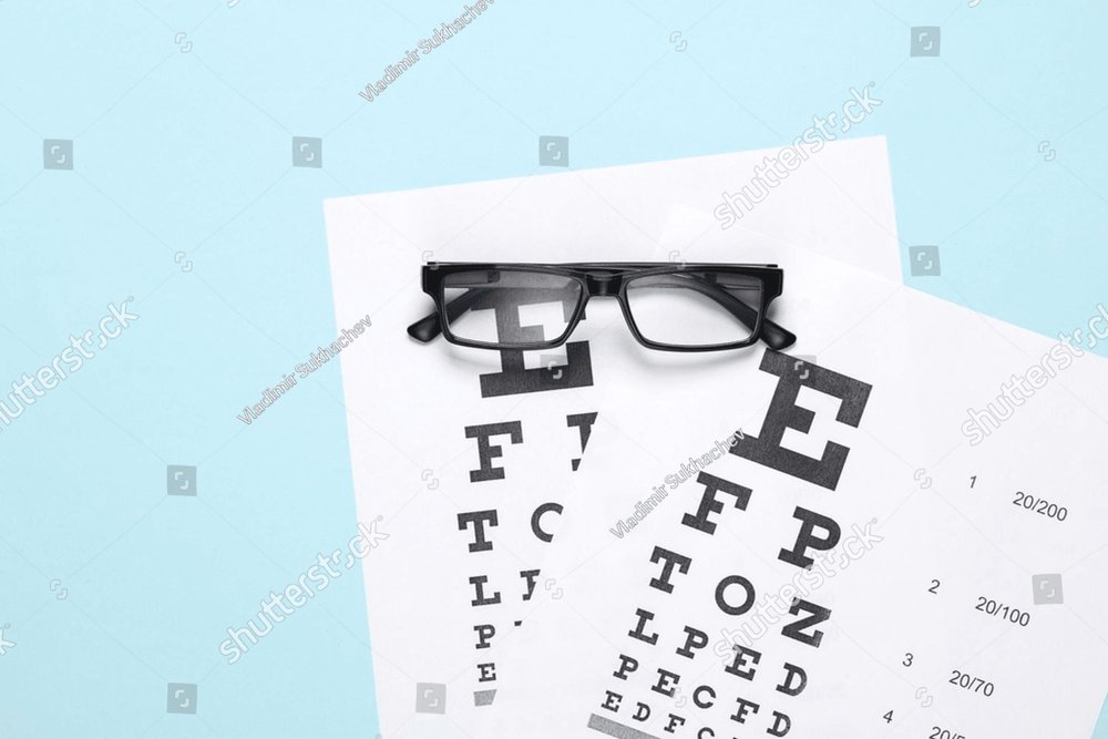 Eyeglasses with eye test charts on blue background. Vision examination ...