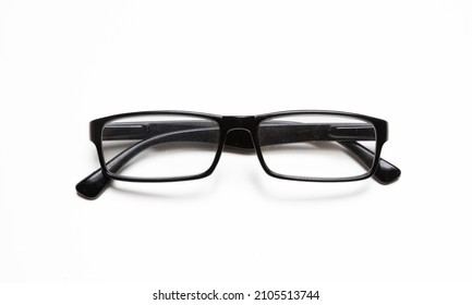 Eyeglasses Or Spectacles For Vision Correction. Myopia, Presbyopia Black Frame Eye Glasses Isolated Cutout On White Background.