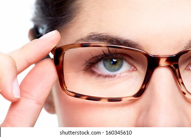 Eyeglasses. Woman wearing eyeglasses. Optometrist background.