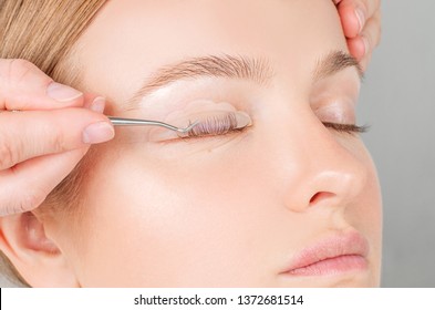 Eyelash Care Treatment Procedures. Woman Doing Eyelashes Lamination, Staining, Curling, Laminating And Extension For Lashes.