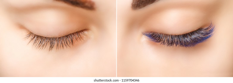 Eyelash Extension. Comparison of female eyes before and after. Blue ombre lashes.