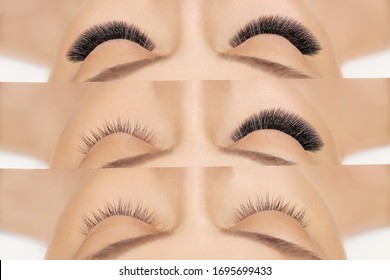 Eyelash extension procedure before after. False eyelashes. Close up portrait of woman eyes with long lashes in beauty salon. Eyelash removal procedure close up.