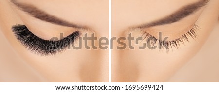 Eyelash extension procedure before after. False eyelashes. Close up portrait of woman eyes with long lashes in beauty salon. Eyelash removal procedure close up.