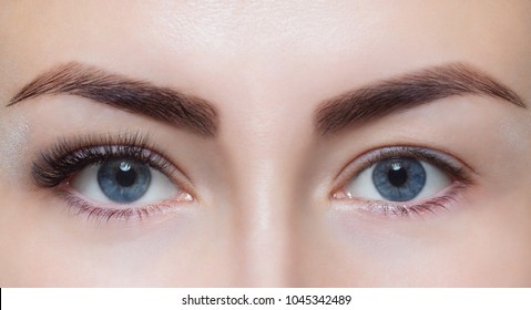 Eyelash extension procedure close up. Beautiful Woman with long lashes in a beauty salon. 