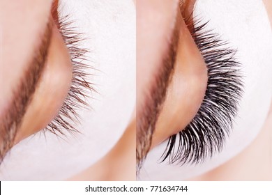 Eyelash Extension Procedure. Vergleich der weiblichen Augen vor und nach.
