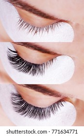 Eyelash Extension Procedure. Comparison of female eyes before and after.