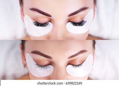 Eyelash Extension Procedure. Female eyes before and after.