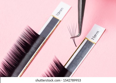 Eyelash extension procedure. Lashes set macro photo, pink background.