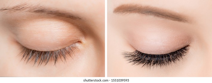 Eyelash extensionl procedure before and after. Beautiful woman with long lash in beauty salon.