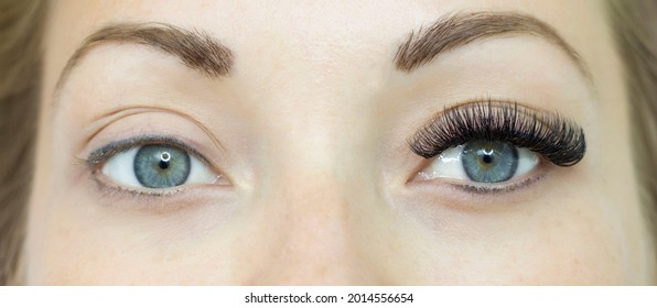 Eyelash extensions before and after, eyelashes, a beautiful woman with open eyes. Macro.