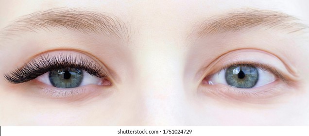 Eyelash extensions. Closeup of eyes with extended eyelashes and without extended eyelashes, white girl. before and after