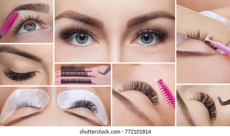 Eyelash removal procedure close up. Beautiful Woman with long lashes in a beauty salon. Collage