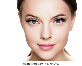 Eyelashes Woman Eyes Face Close Up With Beautiful Long Lashes Isolated On White