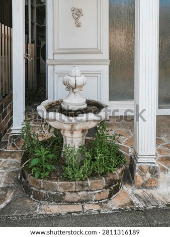 An eye-level, medium shot capturing an ornamental, classic European-style stone water fountain situated at a shop entrance or courtyard. The tiered white concrete fountain, holding a small amount of still water, rises from a circular, weathered brick planter bed filled with leafy green plants. It is positioned on a rustic flagstone-paved patio. The background features a sophisticated white building facade adorned with a decorative scroll relief, fluted classical pillars, and textured frosted-glass doors, creating a charming, antique European aesthetic.