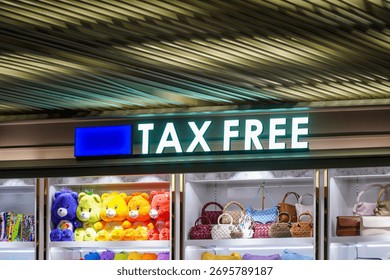 Eye-level view of a store display featuring plush toys and stylish handbags on illuminated shelves, presenting a bright and colorful arrangement for potential purchase considerations.