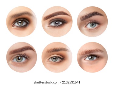 Eyes with beautiful make-up of different girls. Looking at the camera. Professional makeup and cosmetology skin care.
