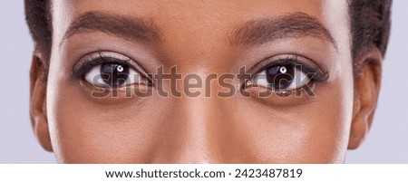 Eyes, beauty and woman with lashes and microblading, cosmetics and contact lenses for vision on white background. Mascara, eyeshadow makeup with eyecare and cosmetology in portrait with optometry