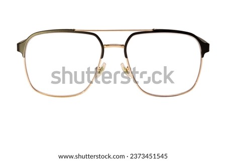 Eyes glass eyewear, black glasses frame with gold plated metal for men to look dignified like a leader isolated on white background. This has clipping path.