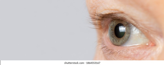 The eyes of an old man, an aging eye and a body, old age. Cosmetics for eyes, cosmetology and ophthalmology for women after 50 years grandmother. Banner gray place copy space for text