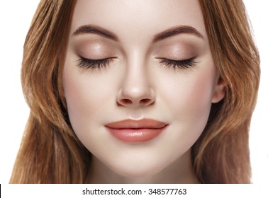 Eyes woman closed eyebrow lashes face close-up isolated on white