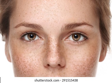  Eyes Woman freckle happy young beautiful studio portrait with healthy skin
