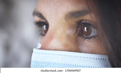 Eyes Of Woman Profile Close Up. Looking With Surgical Mask.  Concept Of Prevention Of Coronavirus Virus Covid 19. Medical Dispositive Protective For Hospitals, Dentists. Close Up