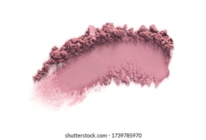 Eyeshadow, blush swatch. Face makeup powder texture. Pink eye shadow stroke isolated on white background