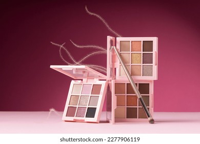 Eyeshadow palette on colorful background. eye shadows cosmetics product as luxury beauty brand promotion. Fashion blog design. Contouring palette. Makeup palette close up. premium quality cosmetics.