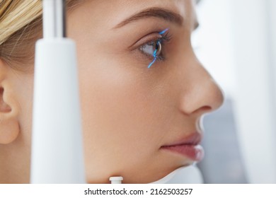 Eyesight Exam. Woman Checking Eye Vision On Optometry Equipment. Girl Getting Vision Test With Binocular Slit-lamp At Ophthalmology Clinic. Checking Retina Of Female Eye, Close-Up 