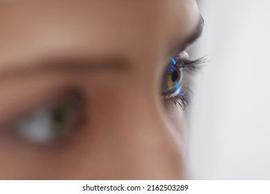 Eyesight Exam. Woman Checking Eye Vision On Optometry Equipment. Close Up View of Girl Checking Eyesight with Virtual Laser in a Clinic. Medicine and Health Concept 