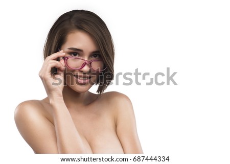 Eyewear glasses asian caucasian mixwd race young big breast woman portrait isolated on white. Spectacle frame type 14
