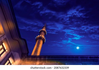 Eyup Sultan Mosque at night. Minaret lights with moonlight. - Shutterstock ID 2087632339