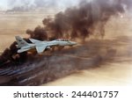 F-14 fighter in flight over burning Kuwaiti oil wells set on fire in March by retreating Iraqi forces were still burning on Aug. 1 1991.