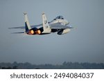 An F-15C Eagle assigned to the 493rd Fighter Squadron launches for joint training