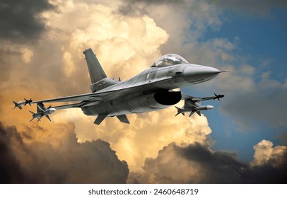 F-16 Fighting Falcon fighter jet (model) against dramatic clouds