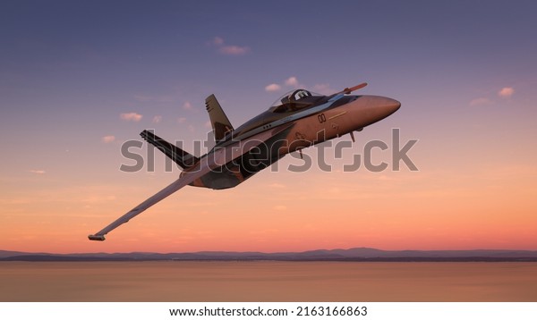 F-18 Maverick Top Gun\
aircraft flying over the amazing sunset, 2 Jun, 2022, San Diego,\
California.