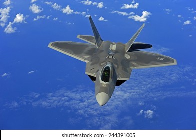 F-22 Raptor Fighter Flies Near Guam. Introduced In 2005 It Has Speed Agility Precision Stealth Technology And A Price Tag Of 150 Million. Feb. 16 2010.