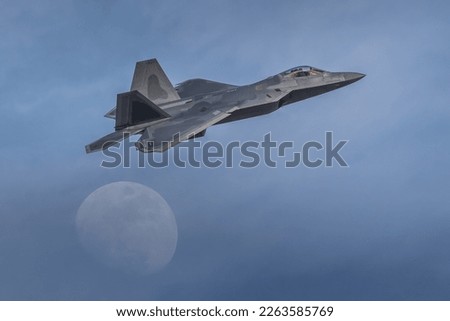 F22 Raptor United States Air Force. Fighter Jet in Flight. Action photograph of a F-22 Raptor Fast Jet military aeroplane on a combat mission