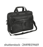 Fabric black briefcase on white background. Large size black bag.