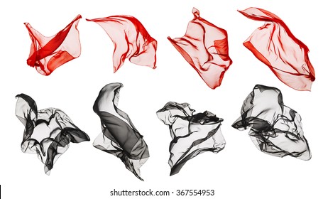 Fabric Cloth Flying, Flowing Waving Silk, Red Black on White background