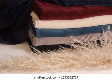 Fabric cloth textile corduroy a stack of different colors