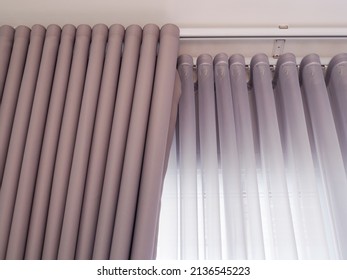 Fabric Curtain And White Sheer Curtains With Translucent Fabric Hanging On Door