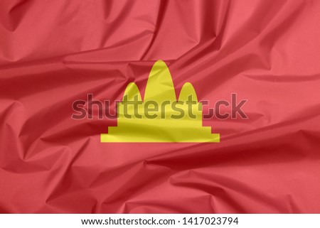 Fabric flag of Democratic Kampuchea, refers to Cambodia between 1975 and 1979.