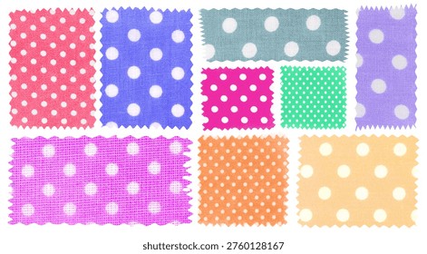 Fabric samples with polka dots in various colors and shapes on white background, collection