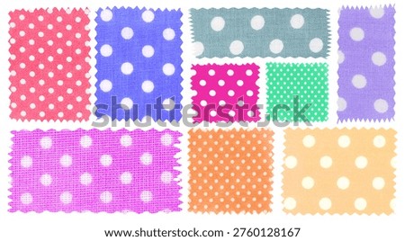 Fabric samples with polka dots in various colors and shapes on white background, collection