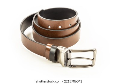 Fabric Trousers Faux Leather Black And Brown Belt Isolated On White Background, Fashion Style 