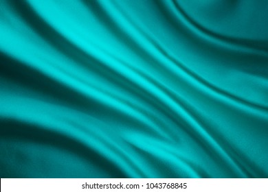 Fabric Waving Silk Background, Teal Satin Cloth Crumpled In Wave Shape