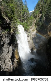 The Fabulous Alpine Waterfalls Of Riva In The Dolomites (Campo Tures) With Rainbow. Path Of San Francesco. Lovely Place In The Alps. Sunny Spring Day With No People. Trentino Alto Adige.