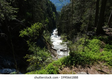 The Fabulous Alpine Waterfalls Of Riva In The Dolomites (Campo Tures). Path Of San Francesco With Tobl Castle Ruins. Lovely Place In The Alps. Sunny Spring Day With No People. Trentino Alto Adige.